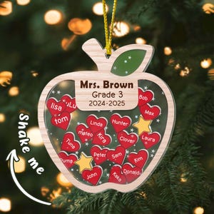 Personalized Teacher Christmas Ornament, Apple Teacher Shaker Ornament, Teacher Appreciation Thank You Teacher Gift Class List Student Names