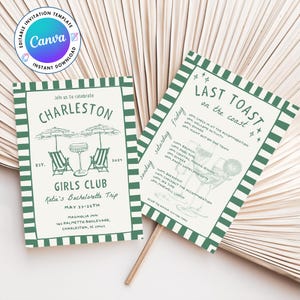 May include: Green and white striped invitation for a bachelorette party in Charleston, South Carolina. The invitation features a hand-drawn illustration of beach chairs and umbrellas. The text reads "Last Toast on the Coast" and includes a schedule of events for the weekend.