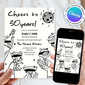 Editable Birthday Party Invitation, Hand Drawn Scribble Cocktail Invitation, 30th, 40th, 50th, Birthday Invite, Printable Canva Template