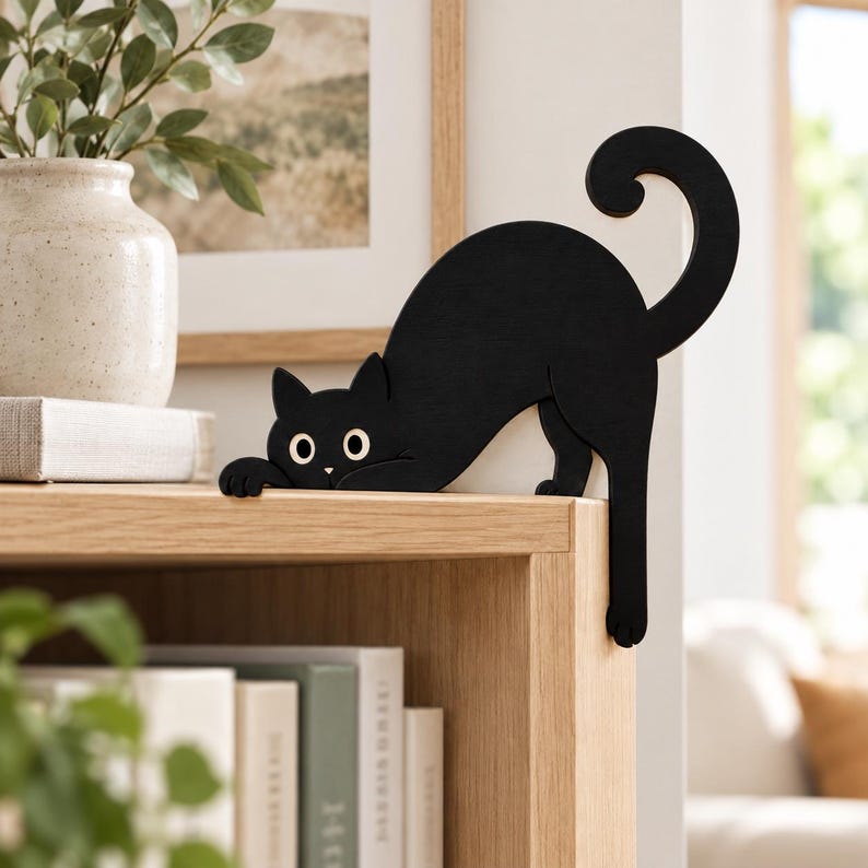 May include: A black cat-shaped decorative figure crafted from wood, featuring a curved tail and a playful stretching pose. The cat has large, round white eyes with black pupils and is positioned to hang over the edge of a wooden shelf surface.