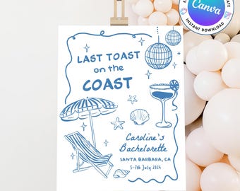 Bachelorette Weekend Welcome Sign | Last Toast On The Coast Template | Beach Bachelorette | Hand Drawn | Handwritten | Coastal Party Welcome