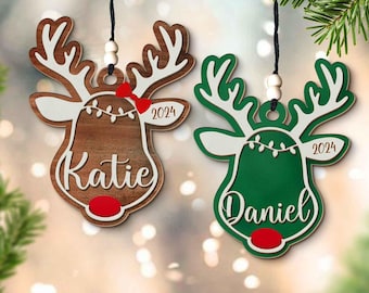 Personalized Reindeer Ornament, Personalized Rudolph Wooden Ornaments, Custom Name Christmas Ornament 2024, Kids Ornaments, Xmas gift