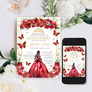 Red and Gold Quinceanera Invite 16th TEMPLATE, Mis Quince Emerald Red Rose Birthday Invite, Burgundy Red and Gold Quinceañera Invite, 16th