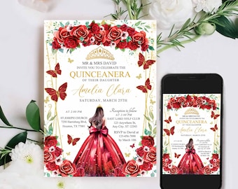 Red and Gold Quinceanera Invite 16th TEMPLATE, Mis Quince Emerald Red Rose Birthday Invite, Burgundy Red and Gold Quinceañera Invite, 16th