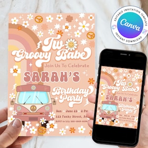 Zwei Groovy Einladung Vorlage, Retro Groovy 2. Geburtstag Party Einladung, Bearbeitbar Zwei Groovy Regenbogen Groovy Einladen, 2. Geburtstag einladen