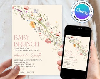 Baby-Brunch-Dusche-Einladung, Baby in Bloom Einladung zum Ausdrucken, Wildblume einladen, rosa Blume Einladung, Floral Baby-Brunch einladen