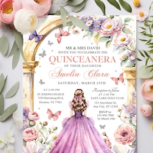 Modèle d&#39;invitation modifiable Quinceañera rose blush, modèle de fête papillon, floral Mis Quince Anos, diadème de fille Sweet 16 anniversaire