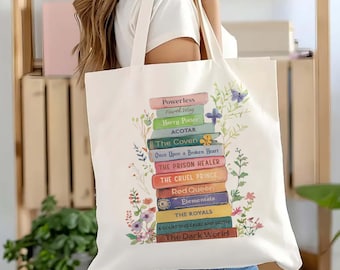 Custom Book Tote Bag, Personalized Book Lover Gift, Floral Bookish Canvas Bag, Bookshelf Reader Aesthetic Tote Gift for Mom Birthday Friend