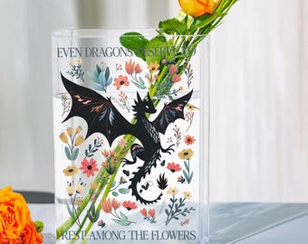 Jarrón con forma de libro "Incluso los dragones merecen descansar": acogedor jarrón con forma de dragón de fantasía, jarrón acrílico con flores de estilo literario y romántico, regalo de decoración cottagecore de hadas.