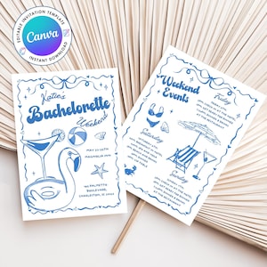 Plantilla de invitación e itinerario para despedida de soltera de Last Toast On The Coast, linda tarjeta de invitación y eventos de fin de semana de despedida de soltera en la playa costera azul