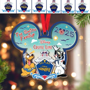 May include: Wooden Disney Cruise Line ornament shaped like Mickey Mouse ears. It features Pluto and Goofy, the text "The Smith Family", "2025", and the Disney Cruise Line logo. The ornament is decorated with blue, red, and gold accents.