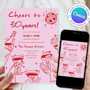 BIRTHDAY INVITE TEMPLATE | 18th 21st 30th 40th 50th | retro hand drawn | quirky funky whimsical illustration | handwritten | cocktail party