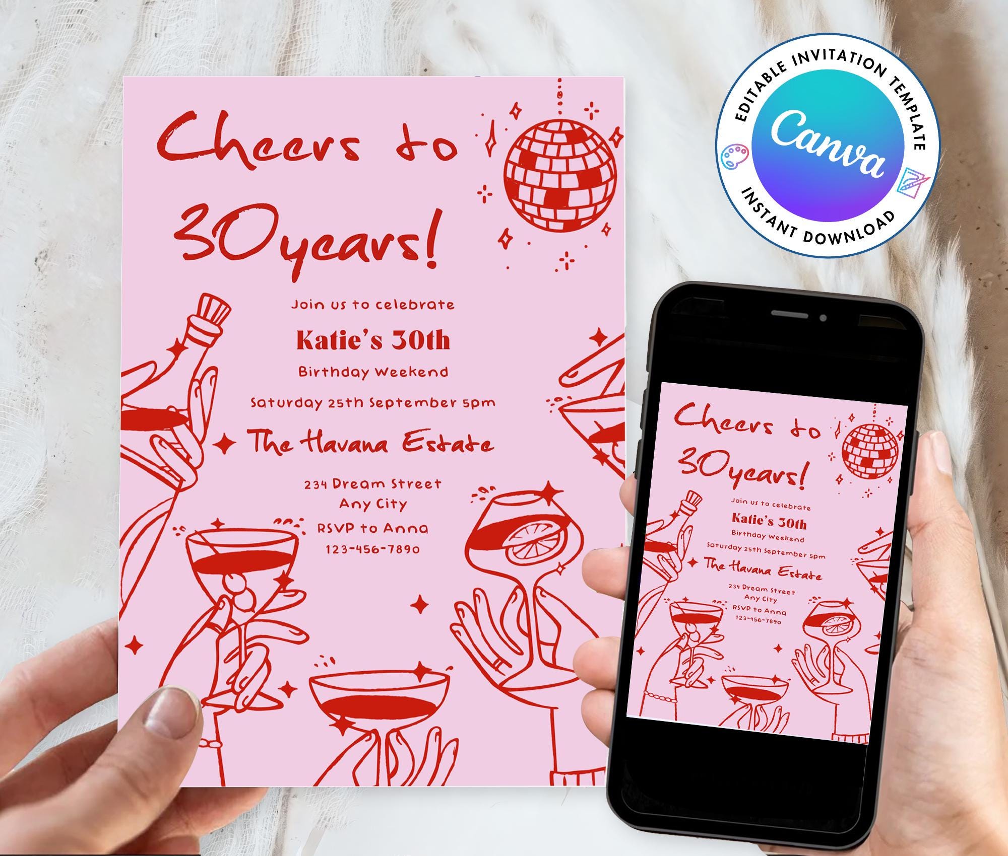 BIRTHDAY INVITE TEMPLATE | 18th 21st 30th 40th 50th | retro hand drawn | quirky funky whimsical illustration | handwritten | cocktail party