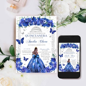 EDITABLE Blue Floral Silver Butterfly Princess Quinceañera Invite TEMPLATE, Silver Quinceañera Floral Princess Birthday Invite,16th birthday