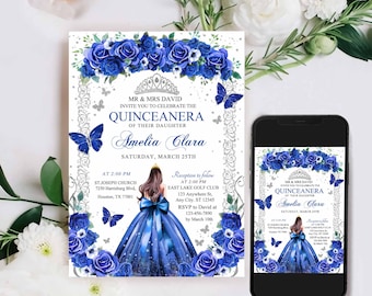 EDITABLE Blue Floral Silver Butterfly Princess Quinceañera Invite TEMPLATE, Silver Quinceañera Floral Princess Birthday Invite,16th birthday