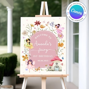 Fairy First Birthday Welcome Sign Template, Blush Pink Wildflower Fairy 1st Birthday Sign, Enchanted Fairy Girl Birthday Garden Party Decor