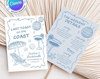 Coastal Last Toast On The Coast, 30A Bachelorette Invitation and Itinerary Template, Beach Bachelorette Party Invite, Printable Itinerary