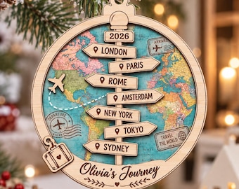 Personalized Travel Wood Ornament, Custom World Map Keepsake, Traveler Christmas Gift, Adventure Memory, Vacation Journey Ornament Gift 2026