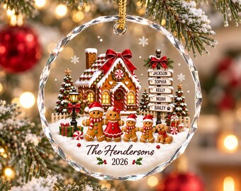 Personalized Family Glass Ornament, Custom Gingerbread Christmas Keepsake, Mom Dad Kids Pet Names Gift, Family Tree Decor, Holiday Gift 2026