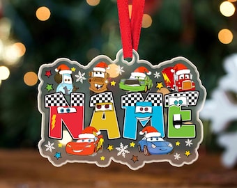 Adorno navideño acrílico personalizado de Disney Cars, con nombre personalizado, Rayo McQueen, remolque de Mater, recuerdo navideño, regalo para niños para el árbol de Navidad.