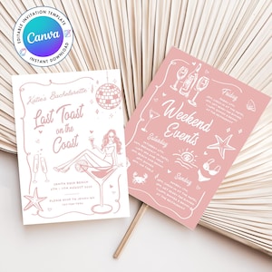 Coastal Bachelorette Invitation and Itinerary Template, Last Toast on the Coast Invite, Beach Bachelorette Party, Editable Canva Template