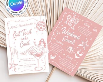 Coastal Bachelorette Invitation and Itinerary Template, Last Toast on the Coast Invite, Beach Bachelorette Party, Editable Canva Template