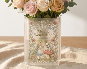 Alice in Wonderland Book Vase, Whimsical Vintage Acrylic Book Vase, Storybook Fantasy Literary Home Decor, Floral Bookshelf Decor