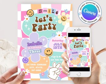 May include: A colorful birthday party invitation with a retro 70s theme. The invitation features a pink, blue, and green checkered background with a large, brown "Smile Let's Party" text. The invitation also includes a purple flower with the text "Isabella is turning Three!" and a smiley face.