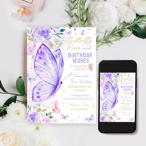 Purple Butterfly Birthday Invite TEMPLATE, Butterfly Birthday Invite, Girl Butterfly Party, First Birthday Invitation, Butterfly Party Decor