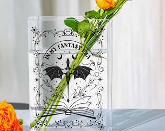 In My Fantasy Era Book Vase | Personalized Acrylic Flower Vase with Dragon and Bookish | Unique Fantasy Library Decor & Gift for Book Lovers
