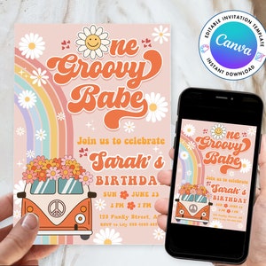 May include: A pink and orange birthday invitation with a rainbow and a flower-covered van. The text reads "One Groovy Babe" and "Join us to celebrate Sarah's Birthday".