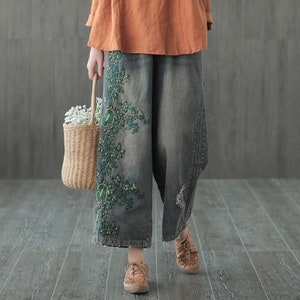 Embroidered Denim Pants | Distressed Denim Pants | Wide Leg Pants | Jeans Wide Leg