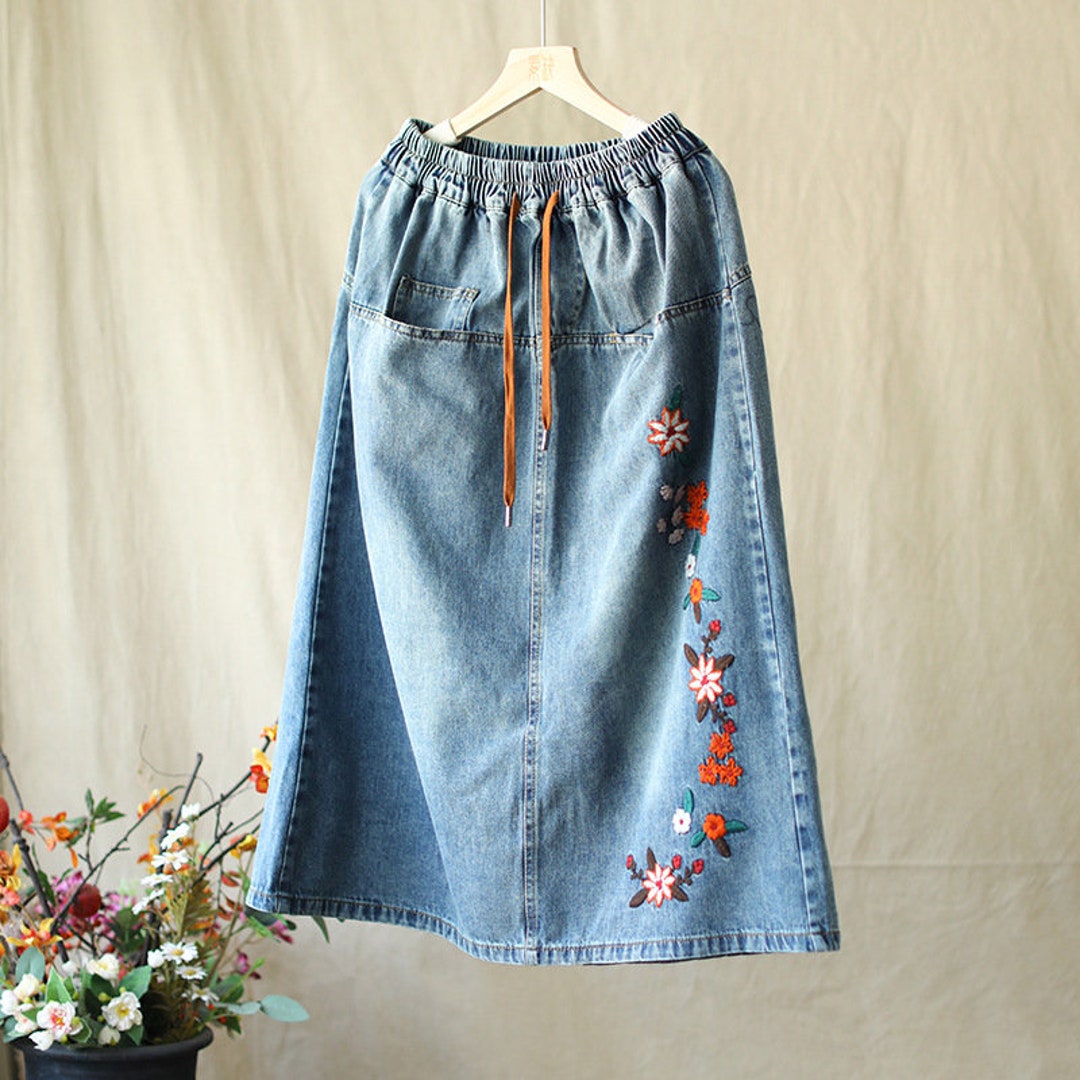 Boho Floral Embroidered Denim Skirtelasticwaisted Cotton Etsy
