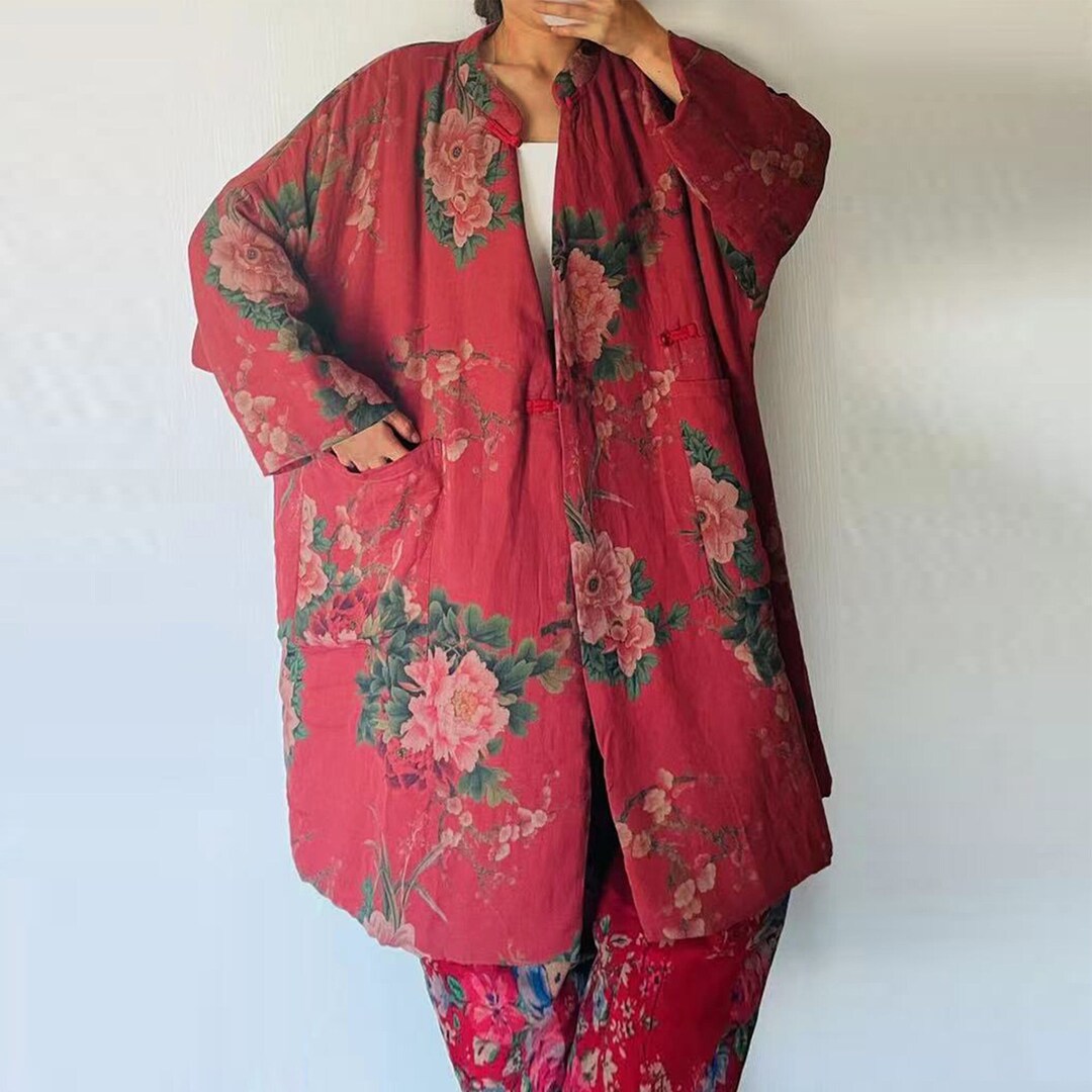 Red Floral Quilted Jacket Vintage Style Cotton Padded Coat With Pockets