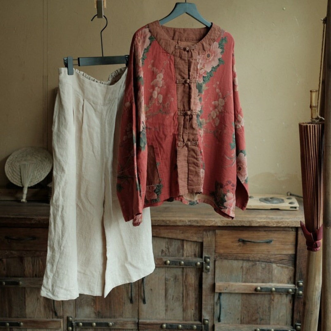 Retro Floral Topred Cotton Floral Jacketbohemian Style Top/jacket Etsy