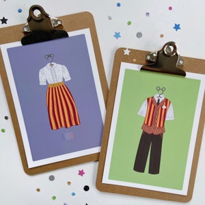 May include: Two illustrations on clipboards, one of a person wearing a red and yellow striped skirt and a white shirt, the other of a person wearing a red and yellow striped waistcoat and dark trousers.