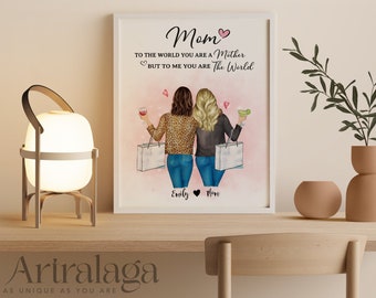 Personalized Mother Daughter Portrait • Print Art for Mom • Custom Christmas Gift for Mom • Mother's Day Gift • Printable Wall Art • PA041