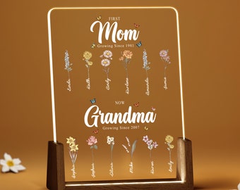 Custom Night Light First Mom Now Grandma Flower Names, Birth Month Flower Bouquet, Custom Grandma's Garden, Mother's Day Gift • ULL043