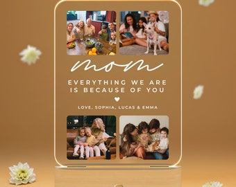 Gift for Mom from Family, Personalized Acrylic Mom Everything We Are Because of You, Custom Photos Night Light Frame Gift Mom, OLL003