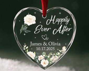 Adorno de boda "Felices para siempre" - Recuerdo navideño personalizado para pareja con nombres y fecha - Regalo para recién casados o aniversario OR200