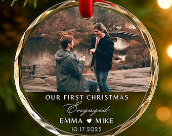 Personalized Engagement Photo Glass Ornament • Engaged Couple Christmas Gift, Christmas Gift Couple, Couple Keepsake, Engaged Gift • ON009