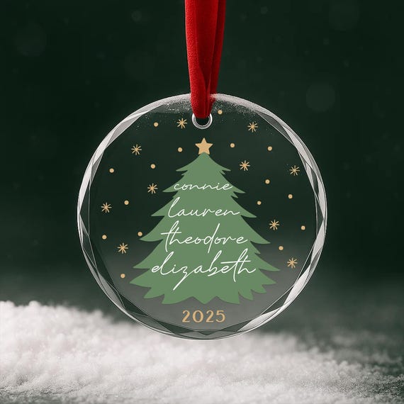 Family Names Christmas Tree Ornament – Personalized Glass Holiday Keepsake with Custom Names & Year | Family Christmas Gift OR182