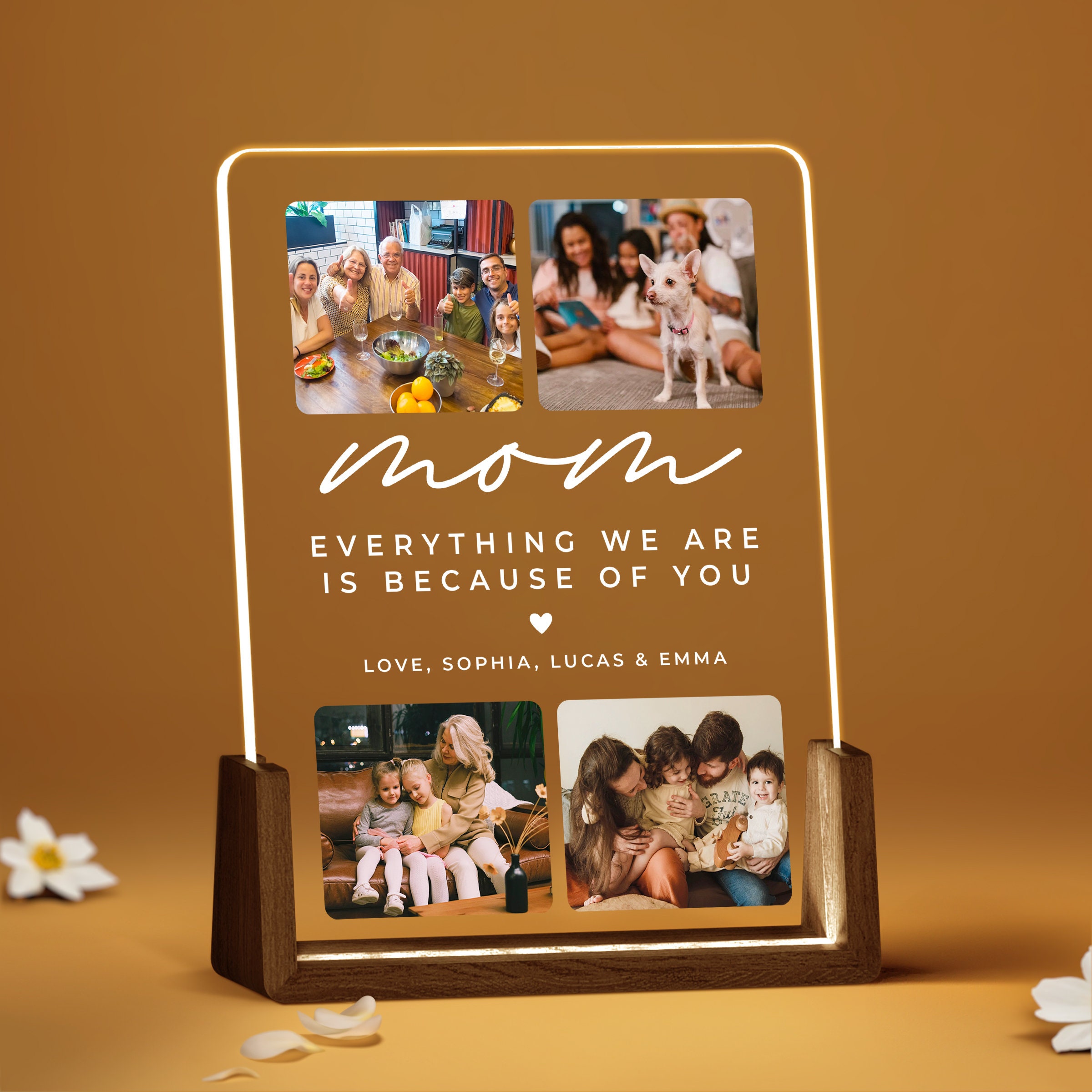 Night Light Gift for Mother's Day, Everything We Are Is Because Of You Gift for her, Personalized Photo Acrylic LED Lamp for Mother, ULL003