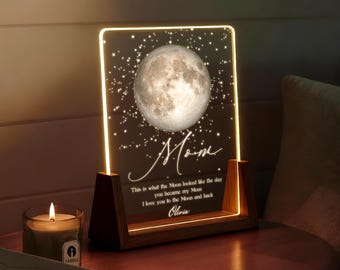 Veilleuse personnalisée en phases de lune, phases de lune par date, cadeau pour une maman et sa fille, souvenir de la fête des mères, le jour où vous êtes devenu ma maman LL152