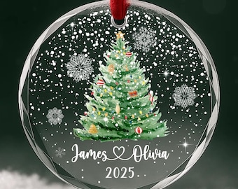 Personalized Christmas Tree Ornament – Custom Couple Names & Year – Heart Glass Snowflake Holiday Keepsake  OR096