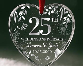 25th Wedding Anniversary Ornament – Personalized Glass Keepsake with Couple’s Names & Date Silver Anniversary Gift OR171