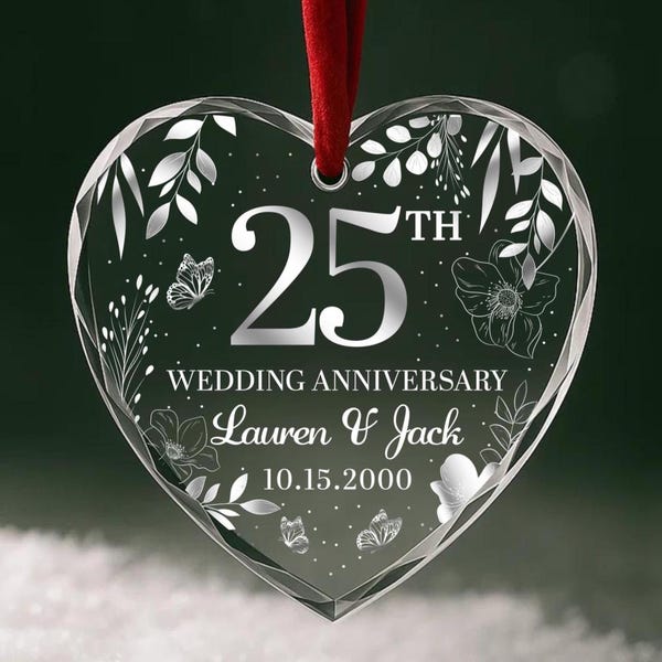 25th Wedding Anniversary Ornament – Personalized Glass Keepsake with Couple’s Names & Date Silver Anniversary Gift OR171
