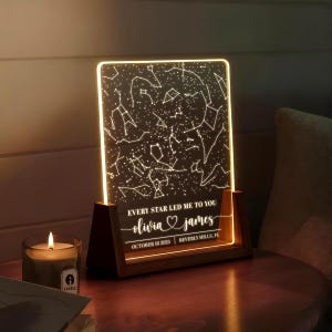 May include: A personalized night light with a constellation design. The light is engraved with the text "EVERY STAR LED ME TO YOU" and the names "olivia ♡ james", along with the date "OCTOBER 18 2025" and location "BEVERLY HILLS, FL". The light sits in a wooden base.