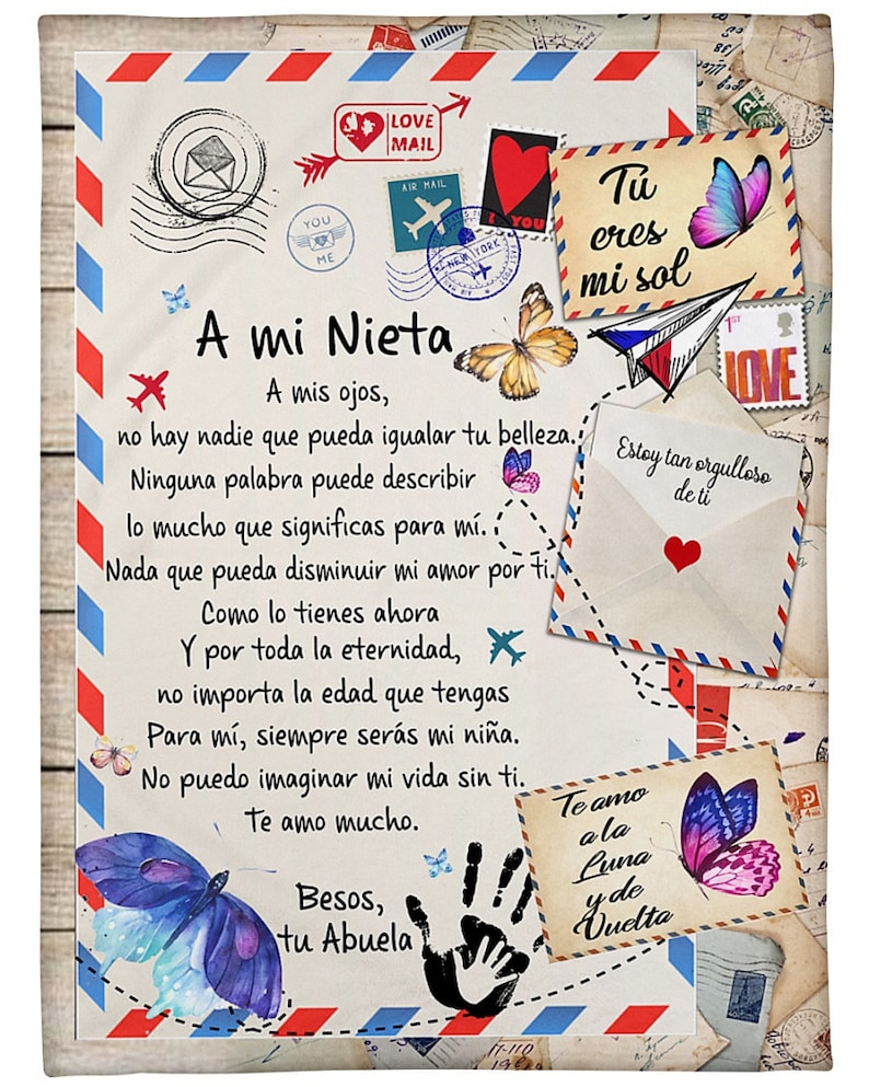 Puede incluir: Una carta de estilo vintage con una mariposa dibujada a mano y el texto 'A mi Nieta' (A mi nieta) y 'Tu eres mi sol' (Tú eres mi sol). La carta incluye un mensaje de amor y afecto de una abuela a su nieta.