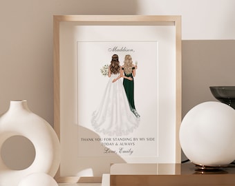 Retrato personalizado de novia y dama de honor • Regalo personalizado para dama de honor • Retrato personalizado de novia, madre e hija • Impresión artística personalizada • PA003_1